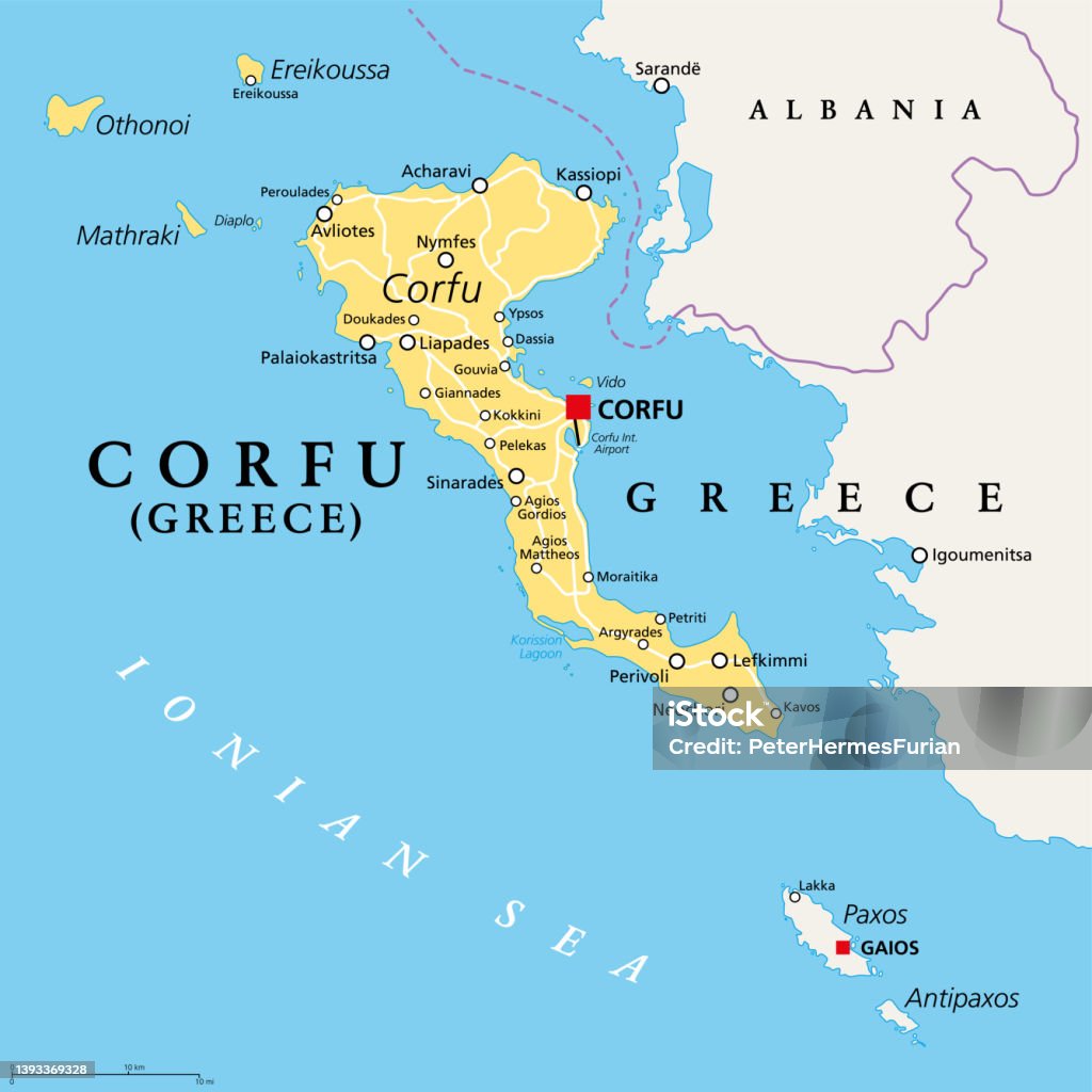 Corfu Island Of Greece And Part Of Ionian Islands Political Map Stock Corfu Island Of Greece And Part Of Ionian Islands Political Map Stock