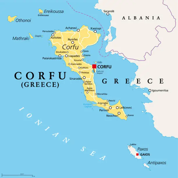 Vector illustration of Corfu, island of Greece and part of Ionian Islands, political map