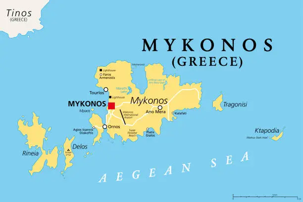 Vector illustration of Mykonos, Greek island and part of the Cyclades, political map