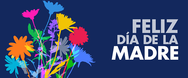 Colourful silhouettes of Flowers for Mothers Day Greeting in Spanish, Feliz dia de la madre, Mothers Day, Mother, Parent, Love - emotion, Celebration, Greeting Card, Springtime, Mothering Sunday