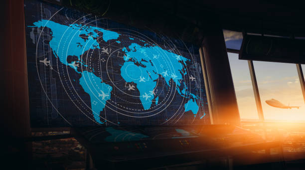 istock Simulation screen showing various flights for transportation and passengers. 1393369472