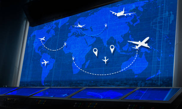istock Simulation screen showing various flights for transportation and passengers. 1393369487