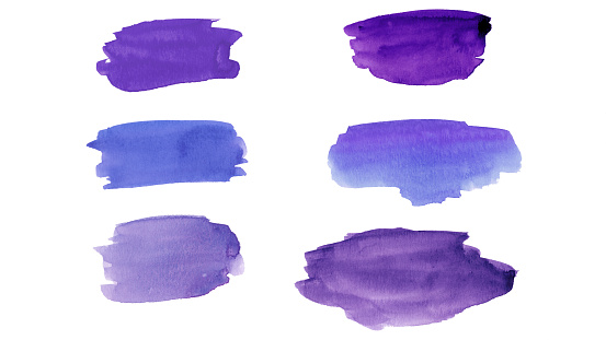 Set of abstract colorful different shades of purple violet watercolor splash brushes texture illustration art paper - Creative Aquarelle painted, isolated on white background, canvas for design, hand drawing