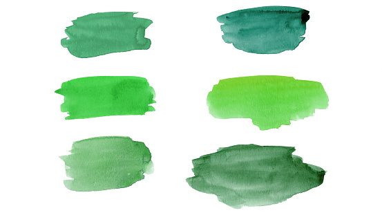 Set of abstract colorful different shades of green watercolor splash brushes texture illustration art paper - Creative Aquarelle painted, isolated on white background, canvas for design, hand drawingk