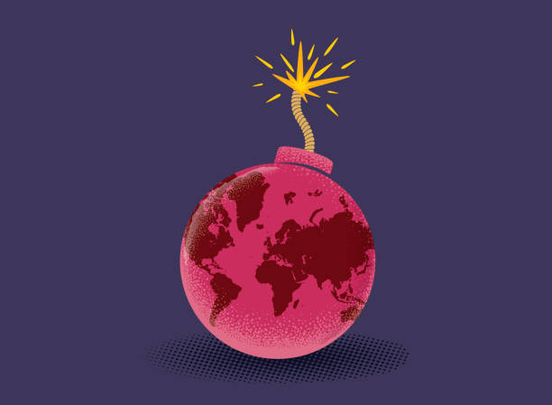 ilustraciones, imágenes clip art, dibujos animados e iconos de stock de póster vectorial vintage de una bomba con mapa del mundo. tierra como bomba. crisis mundial - global warming