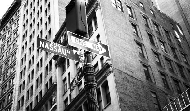 Road Sign, Lower Manhattan, NYC. Nassau and one way direction signs, Lower Manhattan, NYC. nassau street stock pictures, royalty-free photos & images