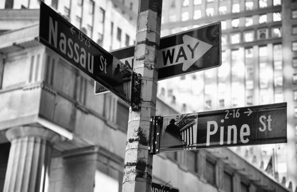 Road Sign, Lower Manhattan, NYC. Nassau, Pine and one way direction signs, Lower Manhattan, NYC. nassau street stock pictures, royalty-free photos & images