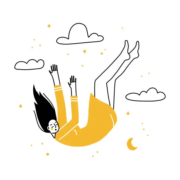 Vector illustration of Female character falling down from thw sky. The concept of a personal crisis and loss of inner support. Mental health problem. Outline, thin line art, linear, doodle, hand drawn vector sketch design.