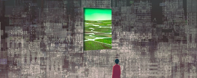 A man in the city looking at nature landscape in a surreal window. Concept art of change, solution, freedom, hope, life and environment.  3d illustration. Life in the town. Conceptual artwork.