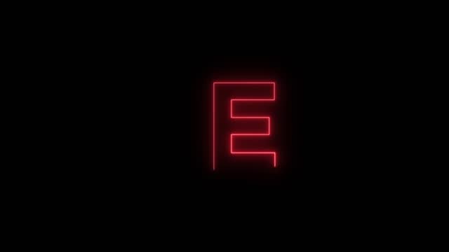 Red Neon font letter E uppercase appear after some time. Animated Red neon alphabet symbol on black background. stock video