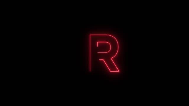 Red Neon font letter R uppercase appear after some time. Animated Red neon alphabet symbol on black background. stock video