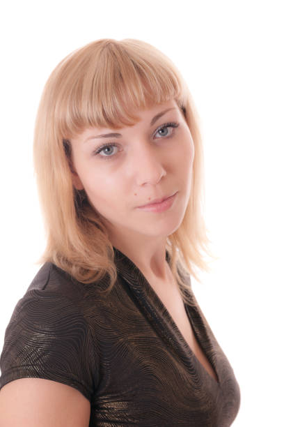 close up portrait of a blue eye blonde hair lady looking up