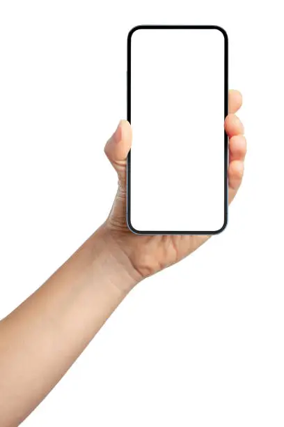 Photo of Frameless smartphone mockup with white screen. Isolated on white background. New tecnology smartphone frameless design concept.