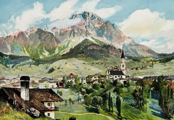 illustrazioni stock, clip art, cartoni animati e icone di tendenza di cortina d'ampezzo, monte cristall sullo sfondo - cortina dampezzo