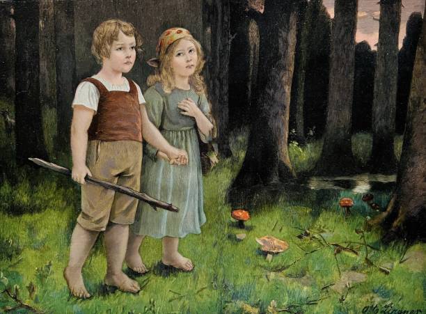 Hänsel and Gretel in the forest, fairy tale of the brothers Grimm Illustration from 19th century. brothers grimm stock illustrations