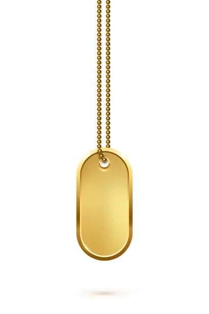 Vector illustration of Empty oval gold military or dogs badge hanging on steel chain. Vector ellipse army object isolated on white background. Pendant with blank space for identification, blood type in case of injury.