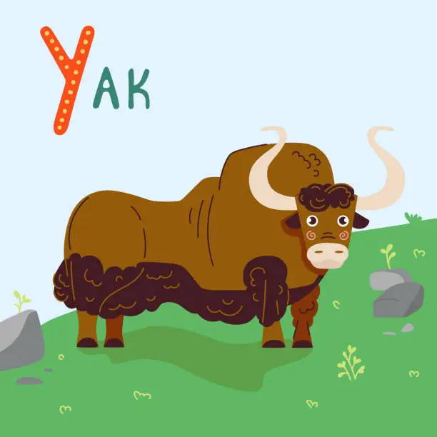 Vector illustration of Yak vector illustration in cartoon style. Big brown bull clipart for children design on green grass