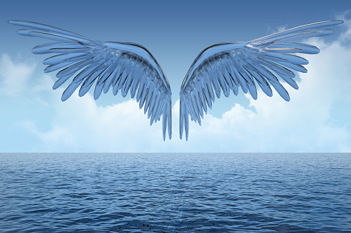 glass wings soar over the ocean. 3d rendering