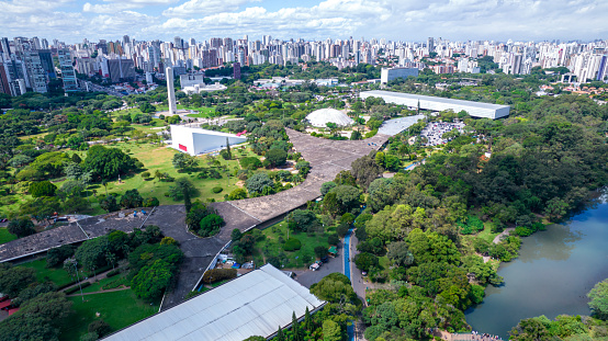 Aerial view of Ibirapuera Park in São Paulo, SP. Residential buildings around. Lake in Ibirapuera Park.