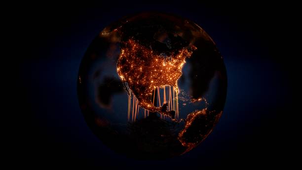 istock Illuminated Earth Concept Banner Background with Abstract Lit North America World Map and glowing Light Bulb 1393398855