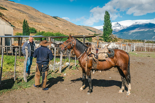 Two people are standing on a farm talking to each other. One person, a gaucho, is standing next to a brown horse and is holding it by the rein. Photo was made on an estancia (large farm) in the Los Glaciares National Park, Patagonia, Argentina.