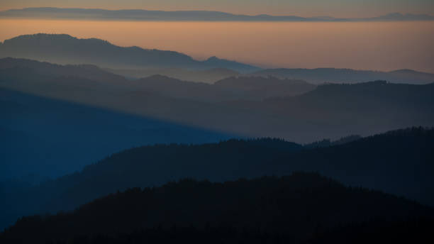 beautiful landscape panorama background,  in the black forest - view during the sunset in the mountains,hills, forest trees in the blackforest, with mystical foggy fog - forest black forest sky night imagens e fotografias de stock