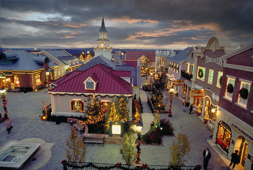 Branson, Missouri USA December 4, 1993: The Grand Village Shopping Center in Branson, Missouri at Christmas time gives an old time flavor to shopping.