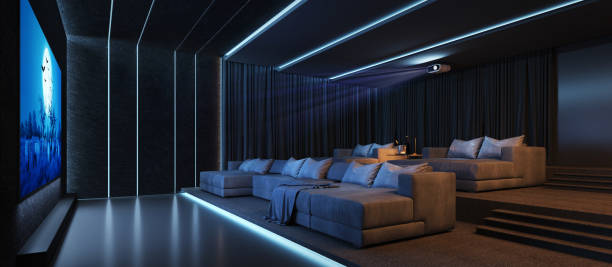 luksusowa sala kina domowego z dużą kanapą.3d renderingiem - private cinema zdjęcia i obrazy z banku zdjęć