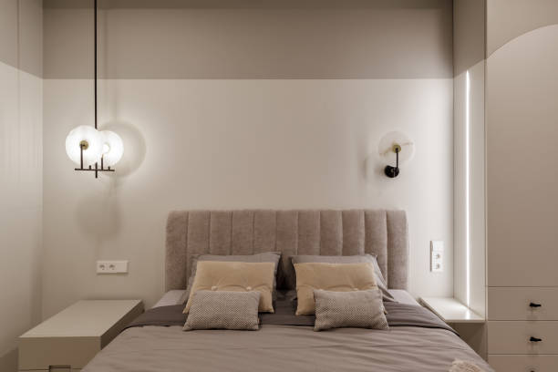 istock Modern bedroom interior in pastel colours. Trendy minimalistic interior concept 1393403334
