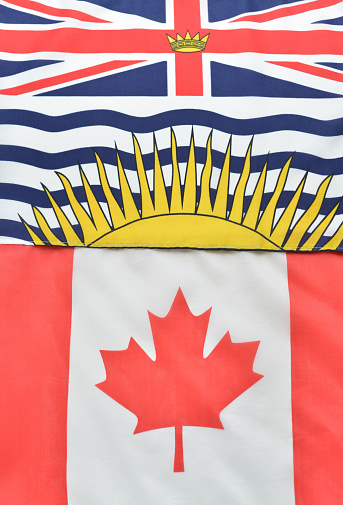 Closeup of the flags of British Columbia and Canada.