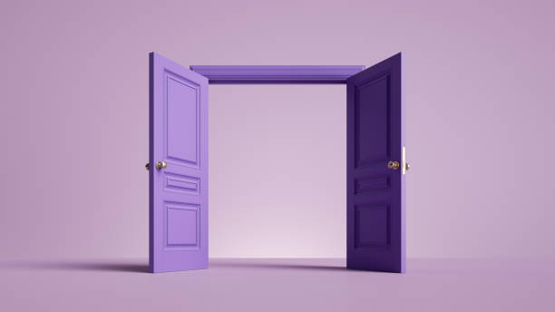 istock 3d render, violet double door wide opened. Architectural or interior element isolated on lilac background. Entrance metaphor 1393404726
