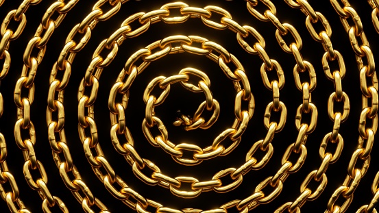 3d render, abstract black background with spiral shiny golden chain