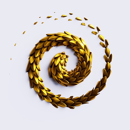 3d render, abstract spiral helix with snake skin texture with shiny golden scales