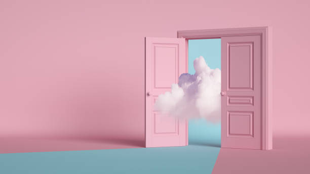 istock 3d rendering, white clouds flying through the open double doors inside the pink room. Architectural or interior element, abstract background. Dream metaphor 1393404895