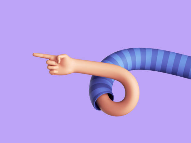 istock 3d render, flexible human arm, elastic cartoon character hand with pointing finger. Direction gesture. Funny clip art isolated on light violet background 1393404929