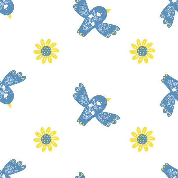 decorative seamless pattern with beautiful blue bird and yellow flower on white background. vector illustration for decor, design, wallpaper, decoration, packaging, textile and print - 烏克蘭文化 圖片 幅插畫檔、美工圖案、卡通及圖標
