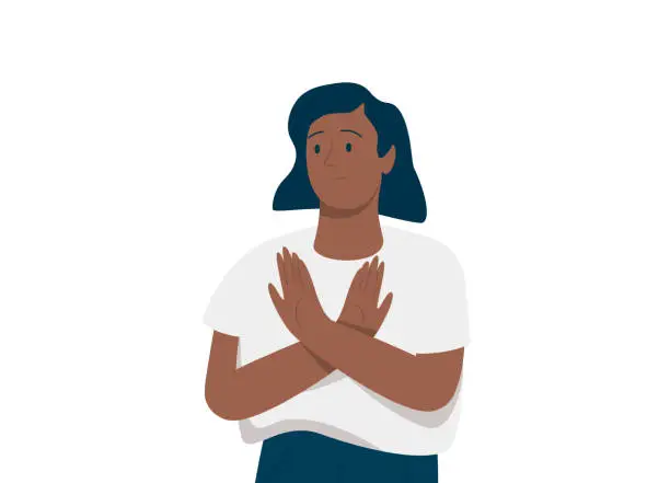 Vector illustration of Black woman crossed her hand as protest for something. African American business female stood against smth.