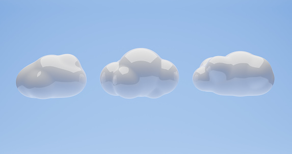 3d realistic rendered white shiny clouds on blue background.
