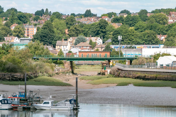 River Medway and the boats at Allington Lock near Maidstone in Kent, England