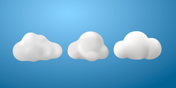 White 3d clouds set isolated on a blue background. Render soft round cartoon fluffy clouds icon in the blue sky. 3d geometric shapes vector illustration. Cloud symbol for your web site design, UI, 3D