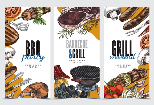 Set of vertical templates for barbecue, grill weekend, vector hand-drawn illustration. Summer party poster design template. Design templates, posters with picnic food, grilled meat, sausages, salmon.