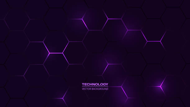 ilustraciones, imágenes clip art, dibujos animados e iconos de stock de fondo abstracto de tecnología hexagonal oscura con destellos brillantes de color azul y rosa - purple backgrounds abstract lighting equipment