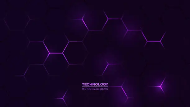 Vector illustration of Dark hexagonal technology abstract background with blue and pink colored bright flashes