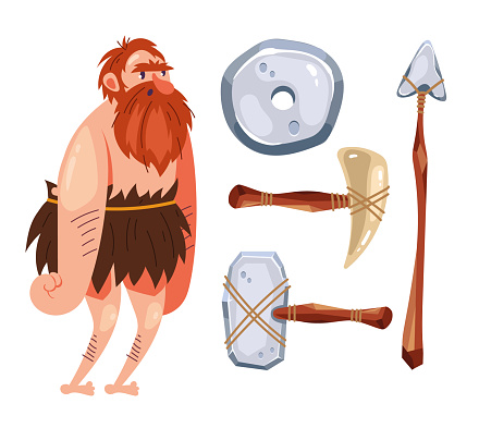 Caveman character with his personal weapon tools concept. Vector flat graphic illustration