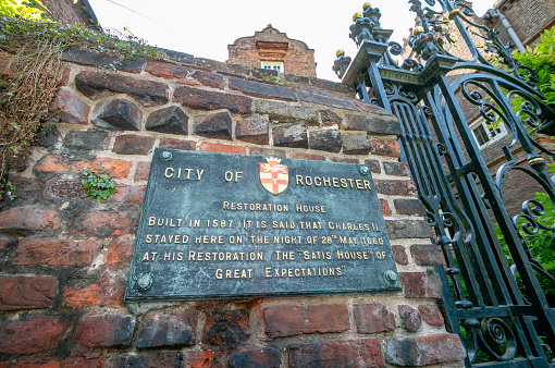 A plaque commemorating Restoration House at Rochester in Kent, England, where Charles II spent the night of 28 May 1660 before his restoration. It was built in 1587.
