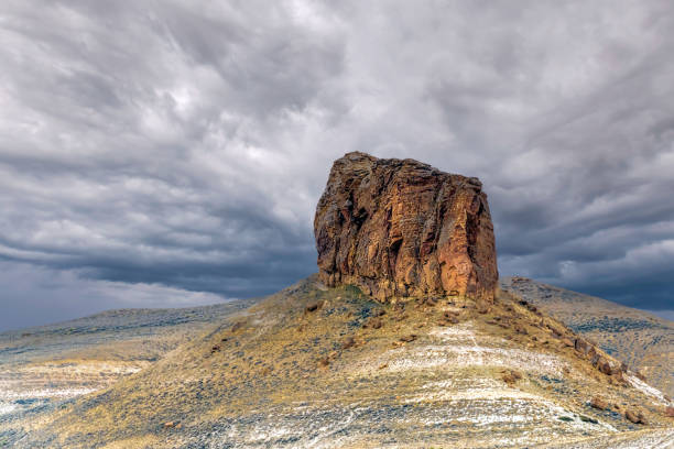 New Mexico Mesa mountain classic Landscape with a dark moody storm clouds in the background with copy space.