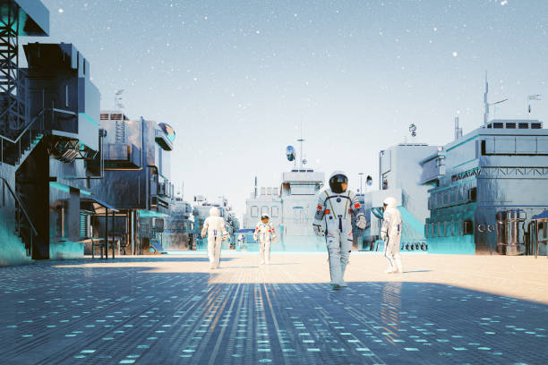 istock Futuristic exo planet base colony with astronauts walking 1393421917