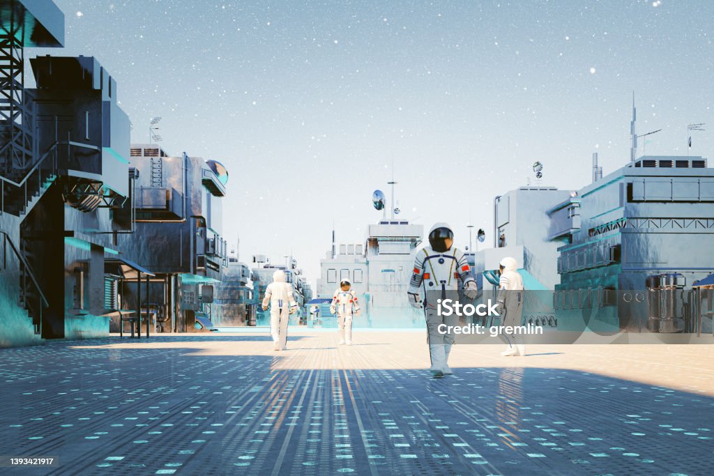 Futuristic exo planet base colony with astronauts walking Futuristic exo planet base colony with astronauts walking. 3D generated image. Futuristic Stock Photo