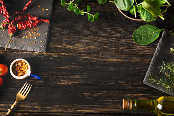 Wooden table with cooking ingredients