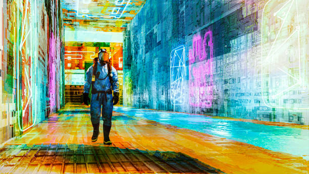 istock Futuristic city corridor with man walking in hazmat suit 1393422026